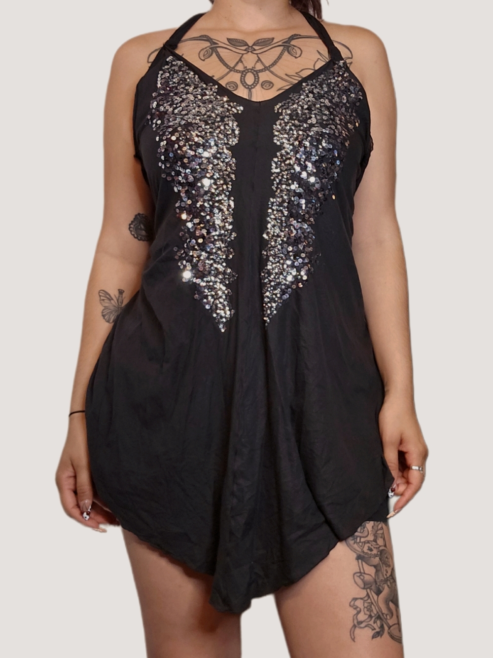 Vintage Y2k Black Silk Sequin Halter Tunic Top!